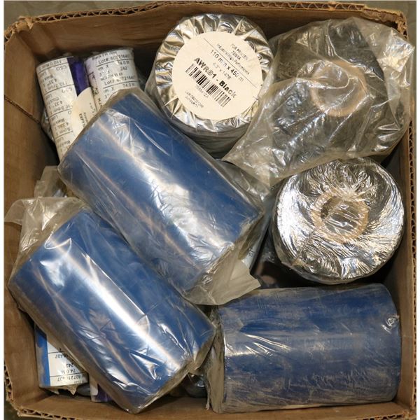 BOX OF ASSORTED PRINTER RIBBONS FOR ZEBRA  PRINTER