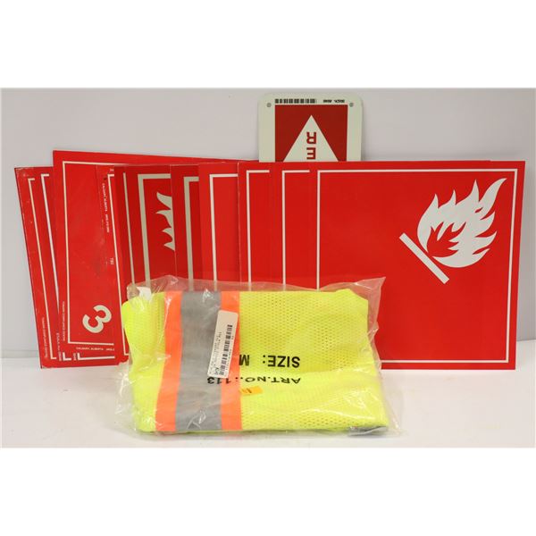 LOT OF ASSORTED FIRE SIGNS & HI VIS VEST SZ MED