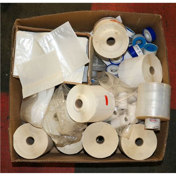BOX LOT OF SUPPLIES INCLUDING LABEL ROLLS, ZIPPY