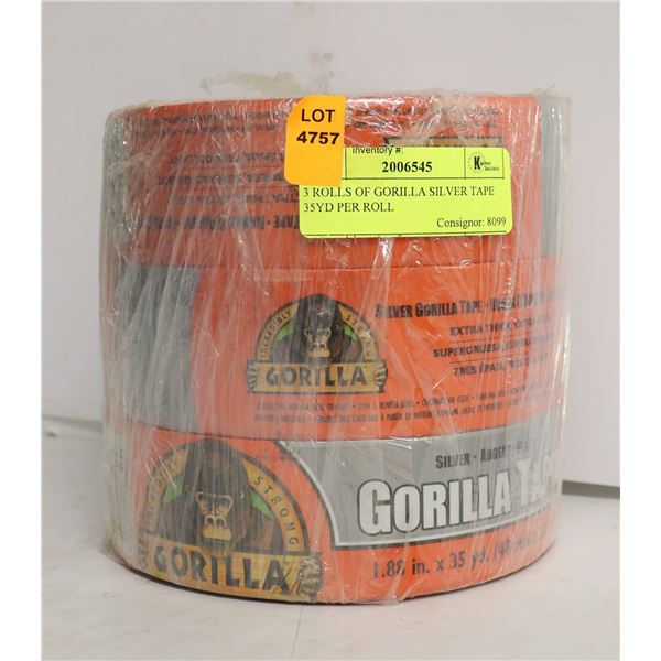 3 ROLLS OF GORILLA SILVER TAPE 35YD PER ROLL