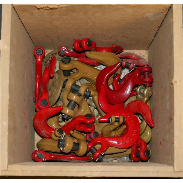 CRATE W/ ASSORTED CROSBY CLEVIS SLIP & GRAB HOOKS