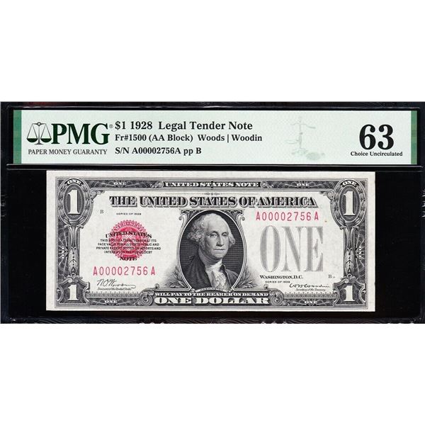 1928 $1 Low Serial Legal Tender PMG 63