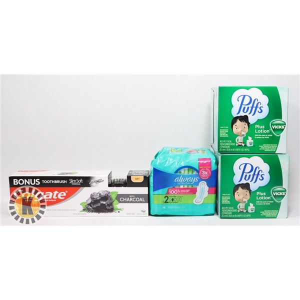 BAG OF PUFFS WIPE, ALWAYS THIN PAD & COLGATE