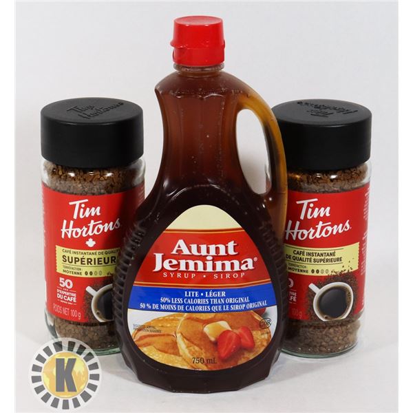 BAG OF AUNT JEMIMA SYRUP & TIM HORTONS INSTANT COFFEE