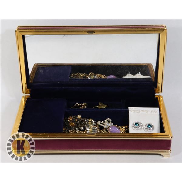 PURPLE VELVET BOX W/ VINTAGE JEWELRY