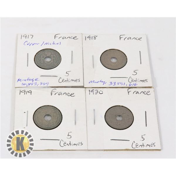 5)  LOT OF 4  FRENCH 5 CENTINE COINS, 1917, 1918,