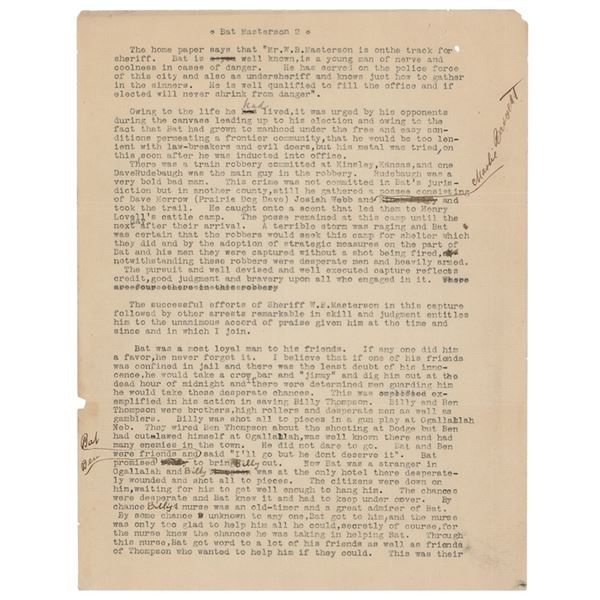 Bat Masterson Autograph Letter Signed on Hand-Annotated Manuscript