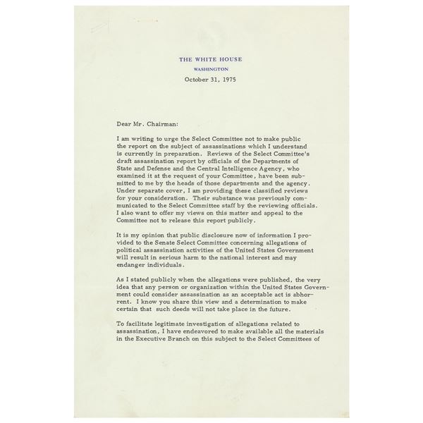 Gerald Ford Typed Letter Signed as President on Political Assassinations