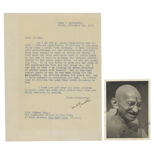 Mohandas Gandhi Typed Letter Signed and Signed Photograph