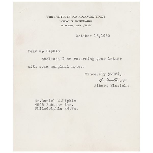 Albert Einstein Annotated Letter and Typed Letter Signed