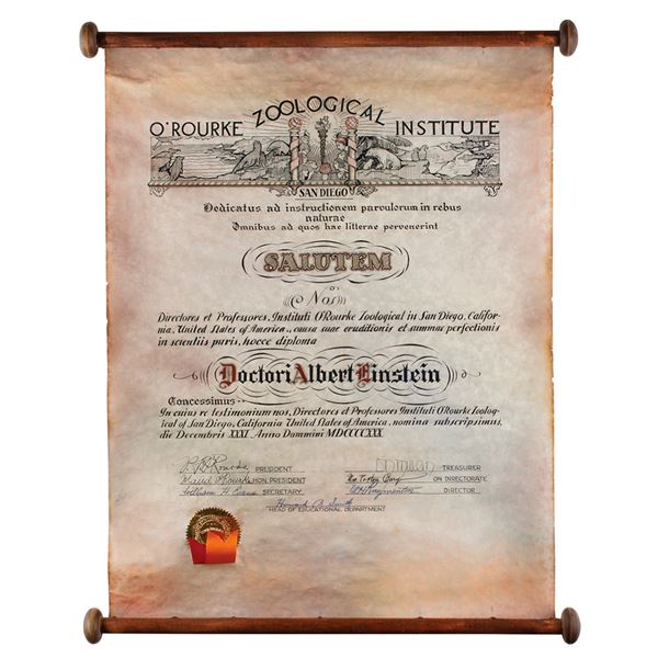 Albert Einstein's 1930 O'Rourke Zoological Institute Diploma