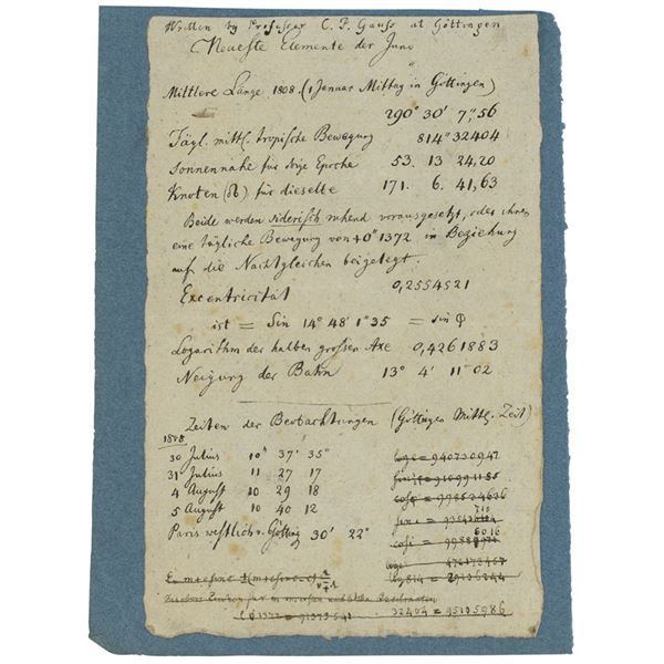 Carl Friedrich Gauss Autograph Manuscript on Asteroid Orbit