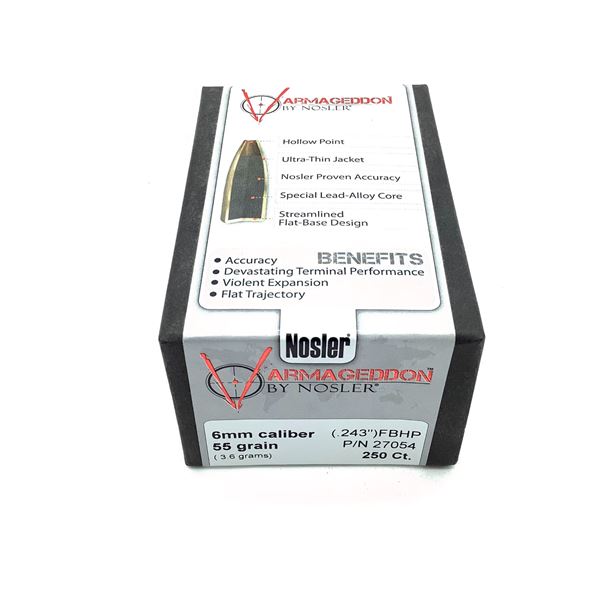 Nosler Varmageddon 6mm Caliber Projectiles, FBHP, 55 gr, 250 Count, New