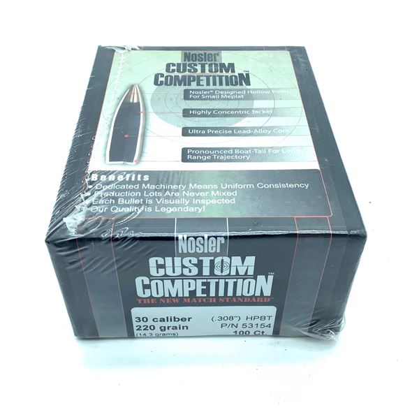 Nosler Custom Competition 30 Caliber Projectiles, HPBT, 220 gr, 100 Count, New
