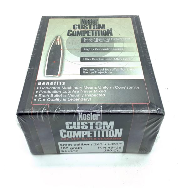 Nosler Custom Competition 6mm Caliber Projectiles, HPBT, 107 Gr, 250 Count, New