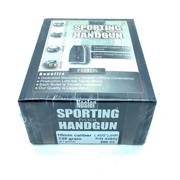 Nosler Sporting Handgun 10mm Caliber Projectiles, JHP, 135 gr, 250 Count, New