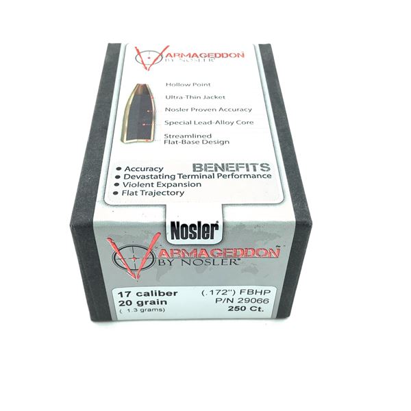 Nosler Varmageddon 17 Caliber Projectiles, FBHP, 20 gr, 250 Count, New