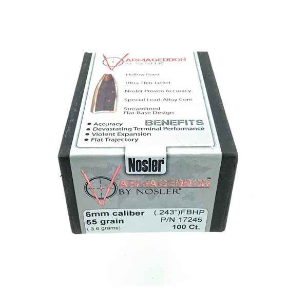 Nosler Varmageddon 6mm Caliber Projectiles, FBHP, 55 gr, 100 Count, New