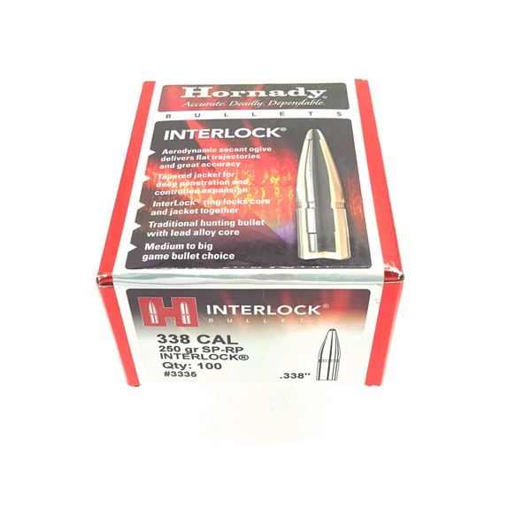 Hornady 338 Caliber Interlock Projectiles, 250 gr, 100 Count, New