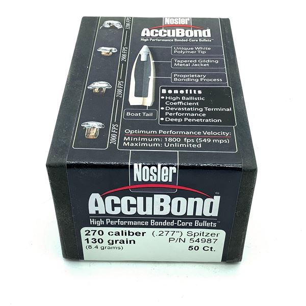 Nosler AccuBond 270 Caliber Projectiles, Spitzer, 130 gr, 50 Count, New