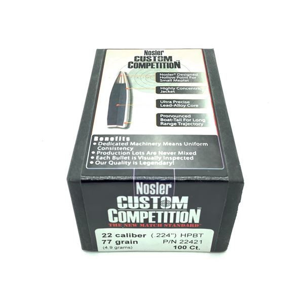 Nosler Custom Competition 22 Caliber Projectiles, HPBT, 77 gr, 100 Count, New