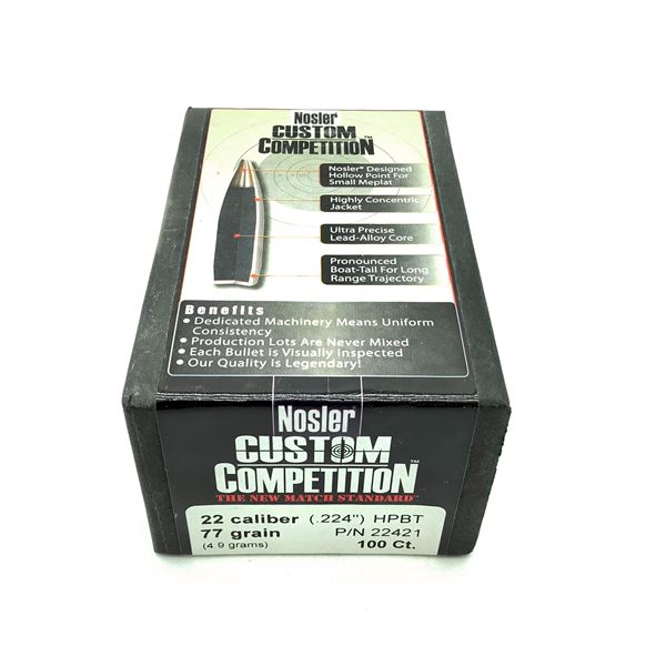 Nosler Custom Competition 22 Caliber Projectiles, HPBT, 77 gr, 100 Count, New
