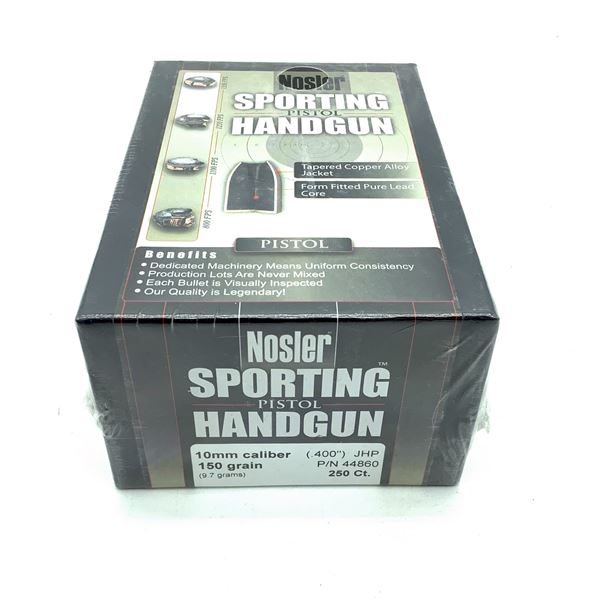 Nosler Sporting Handgun 10mm Caliber Projectiles, JHP, 150 gr, 250 Count, New