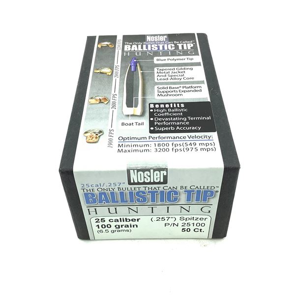 Nosler Ballistic Tip Hunting 25 Caliber Projectiles, Spitzer, 100 gr, 50 Count, New