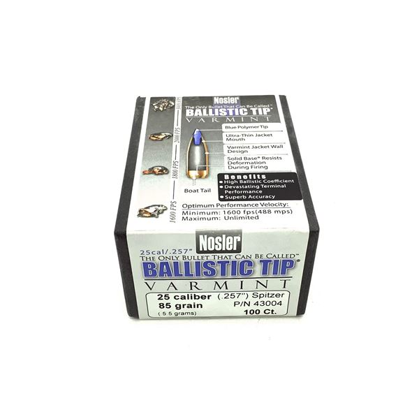 Nosler Ballistic Tip Varmint 25 Caliber Projectiles, Spitzer, 85 gr, 100 Count, New
