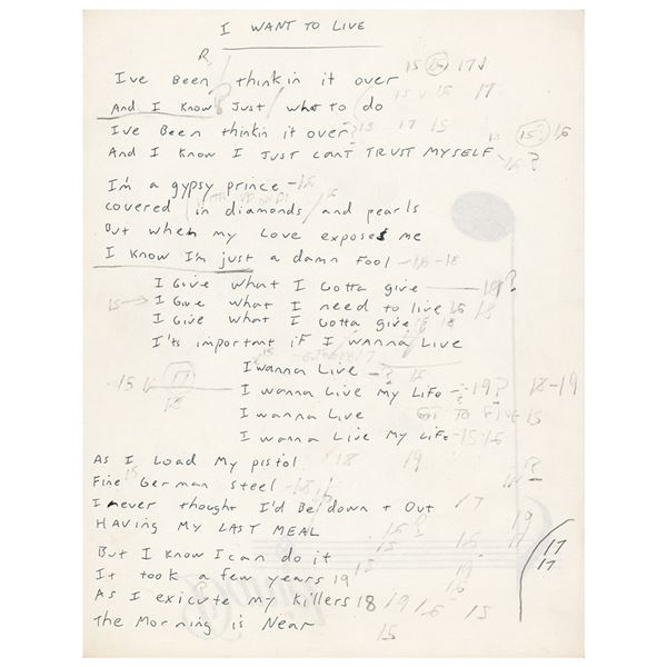 Daniel Rey Handwritten Lyrics for 'I Wanna Live,' with Pencil Notations by Joey Ramone