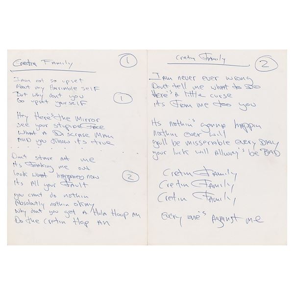 Dee Dee Ramone Handwritten Lyrics for 'Cretin Family'
