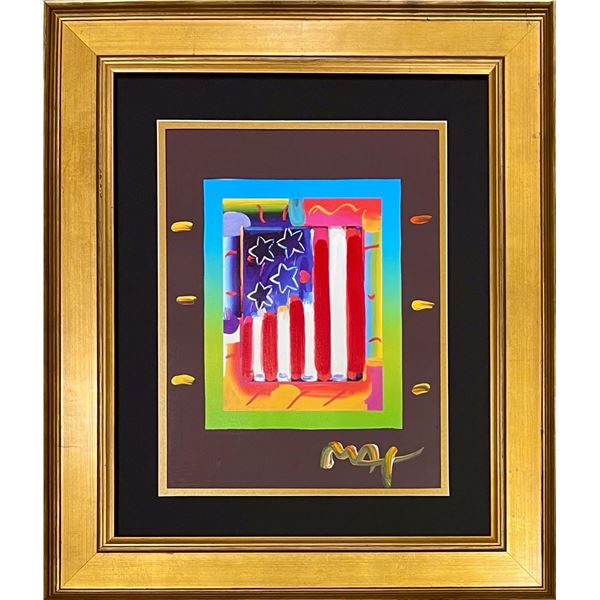 Peter Max, original mixed media, "Flag With Hearts"
