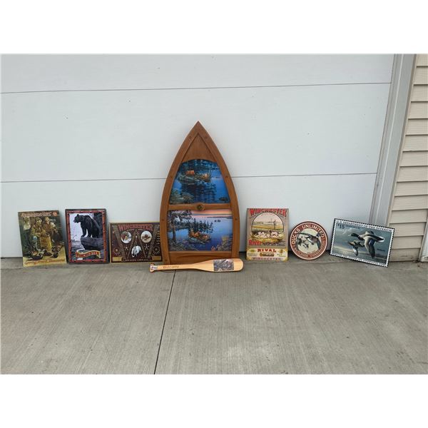 METAL SIGNS AND WOODEN BOAT PICTURE