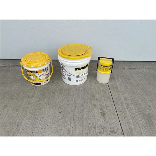 TWO AERATED LIVE BAIT BUCKETS AND SMALL LIVE BAIT CONTAINER