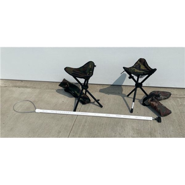 FOLDING CAMP STOOLS AND A CATCH POLE