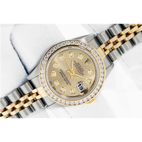 Rolex Ladies 2 Tone 18K Champagne Diamond Datejust Wristwatch With Rolex Box