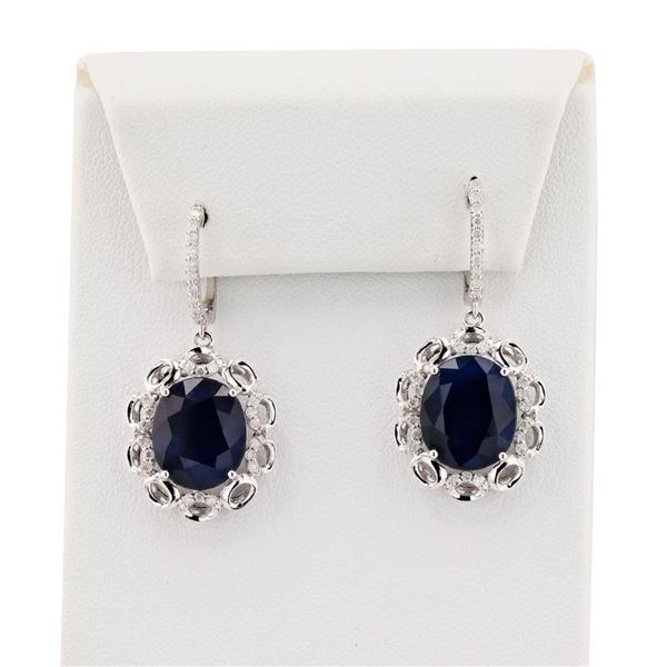 14.80 ctw Blue Sapphire and 0.46 ctw Diamond 14K White Gold Earrings