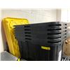 Image 1 : Group of 6 heavy black plastic w/yellow lids 102 litre tough totes