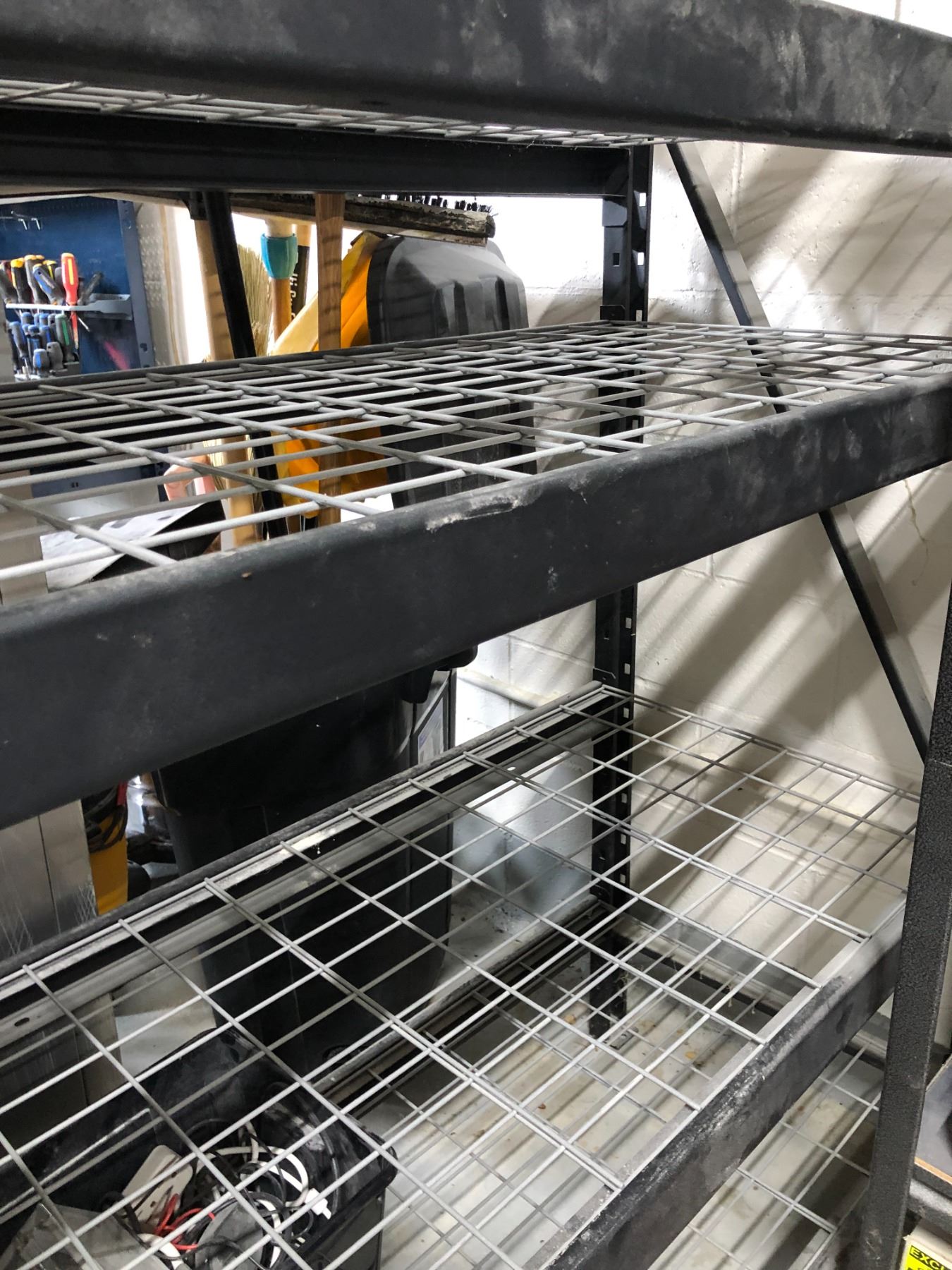 Black Mesh Racking Approx. 7 1/2' across x 6' Tall black metal shelf racking unit - 5 mesh ...