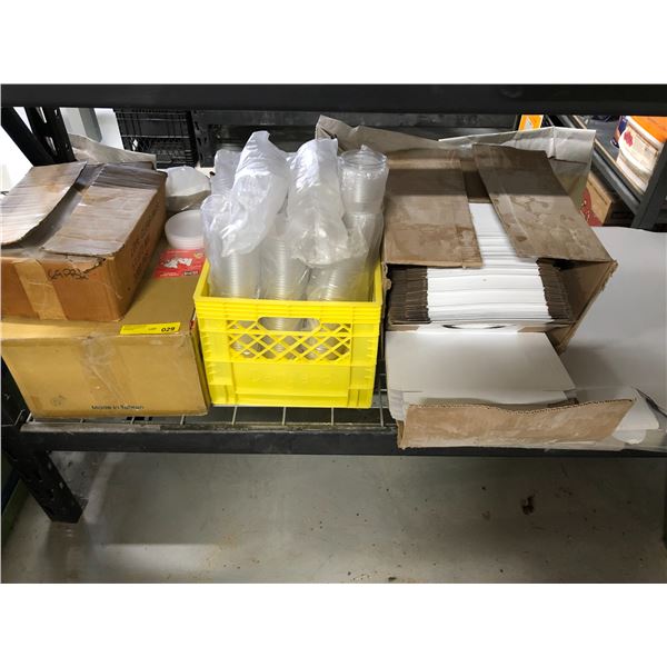 Shelf of food packaging - assorted cake boxes/cups w/lids/etc...
