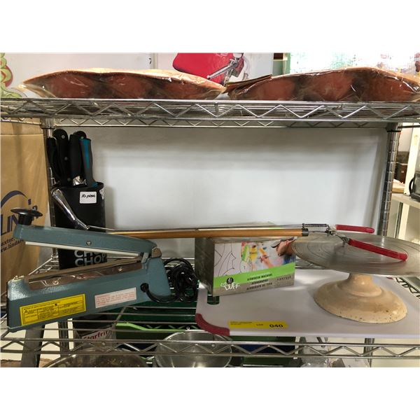 Shelf lot of 5 cooking related items - airbrush machine/cake plate/cutting board/heat sealer & knife