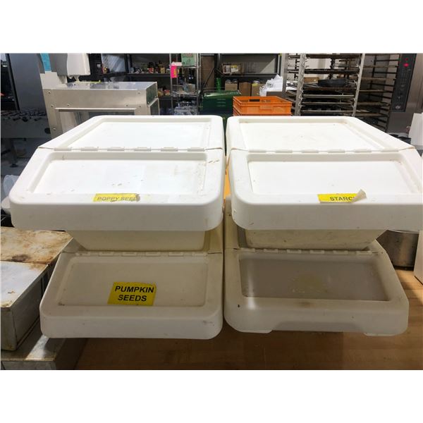 Group of 4 white plastic stackable dry ingredient storage bins