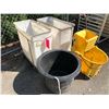 Image 2 : Two white plastic rolling storage bins/ large black plastic bucket & yellow commercial mop bucket