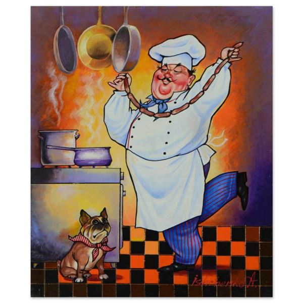 Alexander Ischenko, "Dog and the Chef" Original Acrylic Painting on Canvas, Hand Signed with Letter 