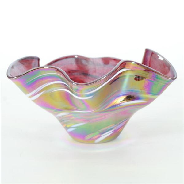 Glass Eye Studios, "Mini Wave Bowl (Red Rainbow Twist)" Hand Blown Glass Sculpture (Second).