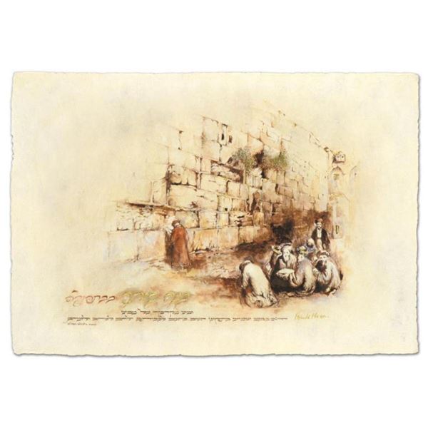 Brachi Horen, "Prayer At The Kotel" Hand-Embellished Mixed Media with Goldleaf, Hand Signed with Cer