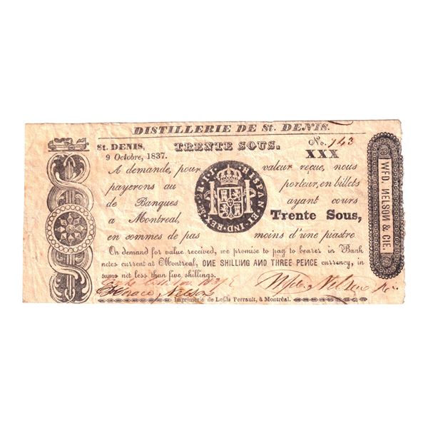 1837, QC125-12-08c-iii, 30 Sous, Distillerie de St. Denis, S/N: 743, VF.