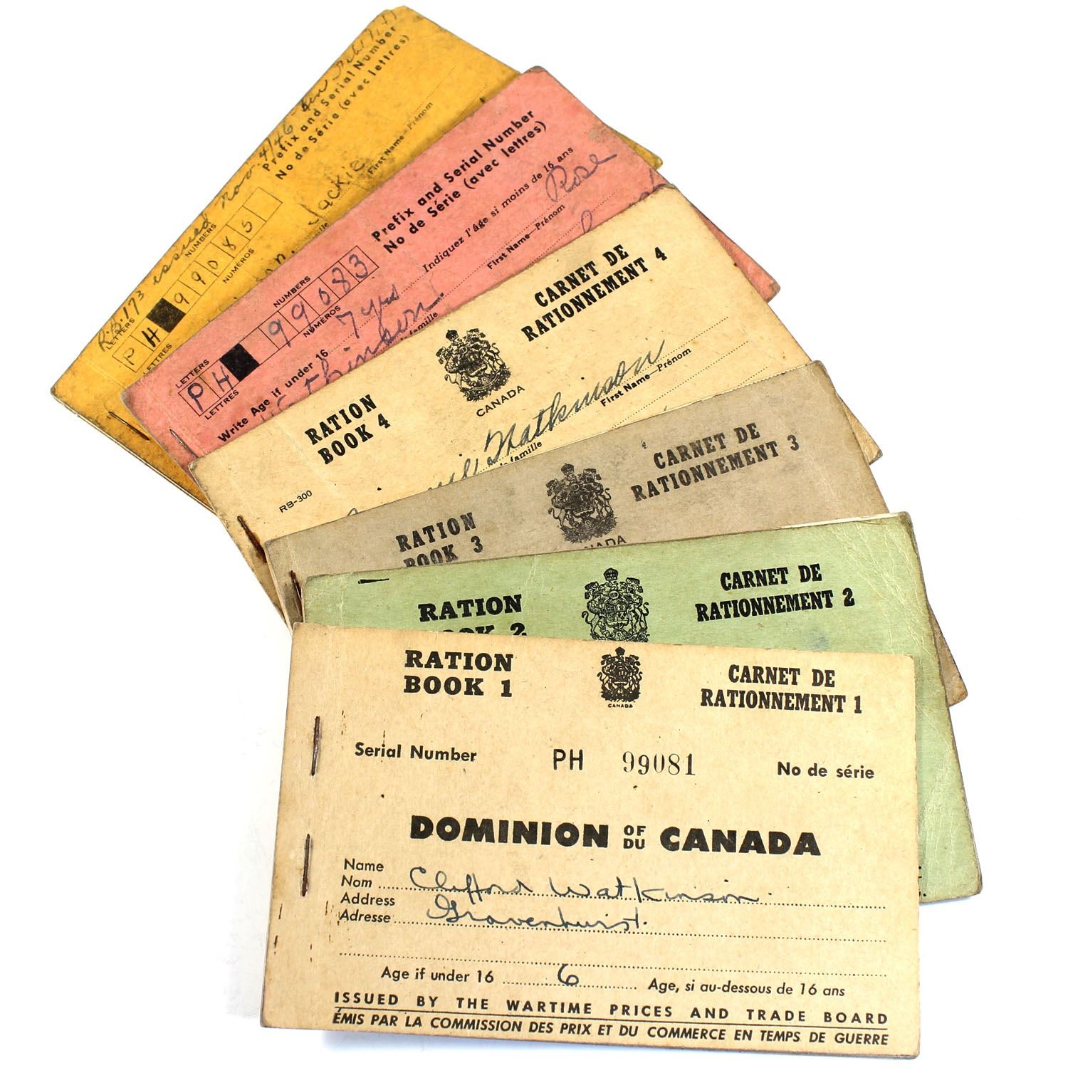Canadian Ration Books VINTAGE Dominion of Canada Partially Used Ration Books #1 Through #6. 6pcs