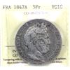 Image 1 : 1847A France 5 Francs ICCS Certified VG-10.