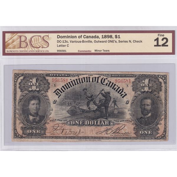DC-13c 1898 Dominion of Canada $1, Various-Boville, Outward ONE's, Series N, Check Letter C, S/N: 95